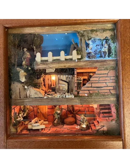 Presepe in quadro da appendere con statue da 3,5 cm e sistema giorno e notte manuale
