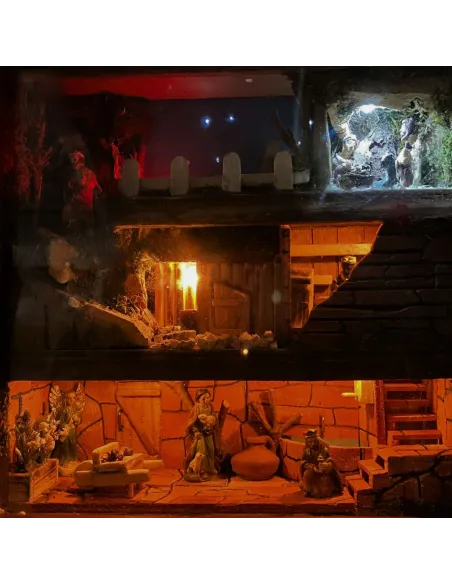 Presepe in quadro da appendere con statue da 3,5 cm e sistema giorno e notte manuale