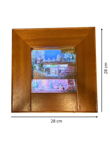 Presepe in quadro da appendere con statue da 3,5 cm e sistema giorno e notte manuale