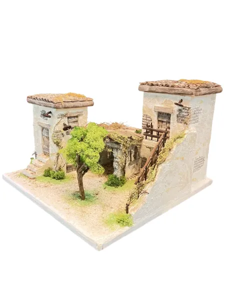 Borgo popolare in polistirene con albero e luci a batteria per statue da 8 cm