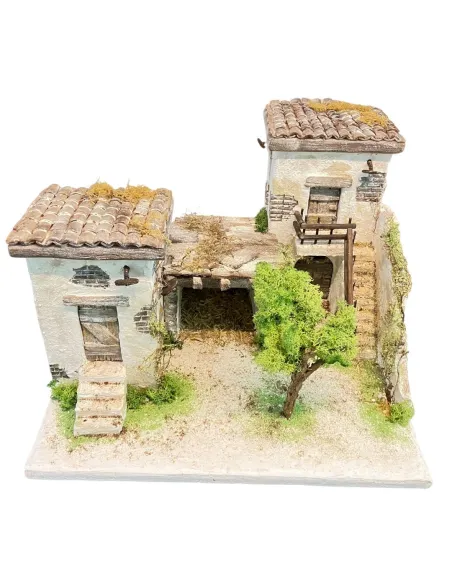 Borgo popolare in polistirene con albero e luci a batteria per statue da 8 cm