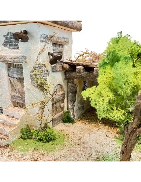 Borgo popolare in polistirene con albero e luci a batteria per statue da 8 cm