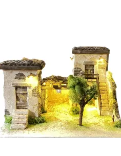Borgo popolare in polistirene con albero e luci a batteria per statue da 8 cm