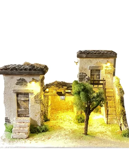 Borgo popolare in polistirene con albero e luci a batteria per statue da 8 cm