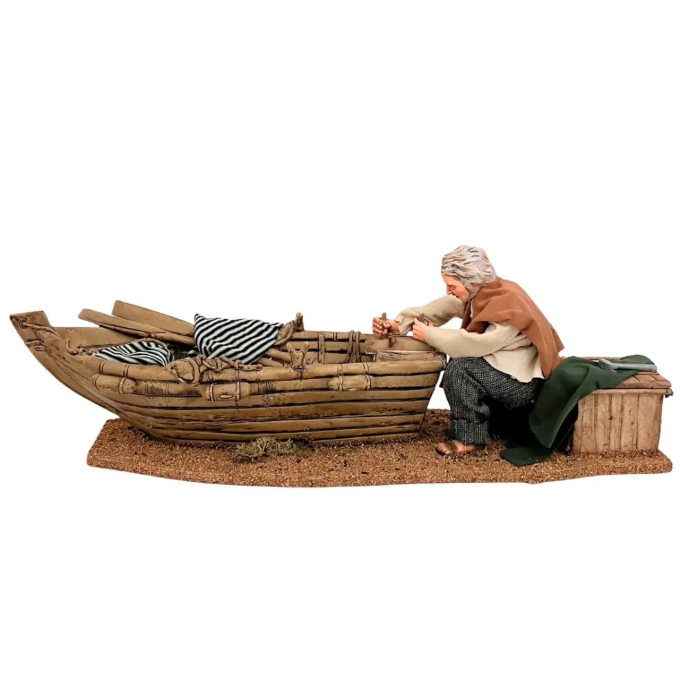 Animated Traditional Man Planing a Wooden Boat - 30 cm