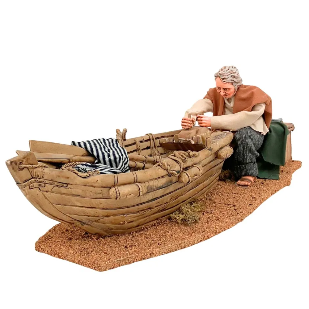 Animated Traditional Man Planing a Wooden Boat - 30 cm