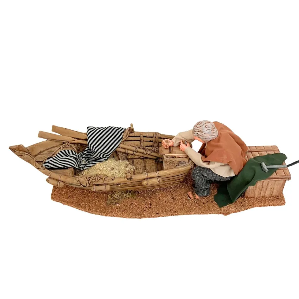 Animated Traditional Man Planing a Wooden Boat - 30 cm