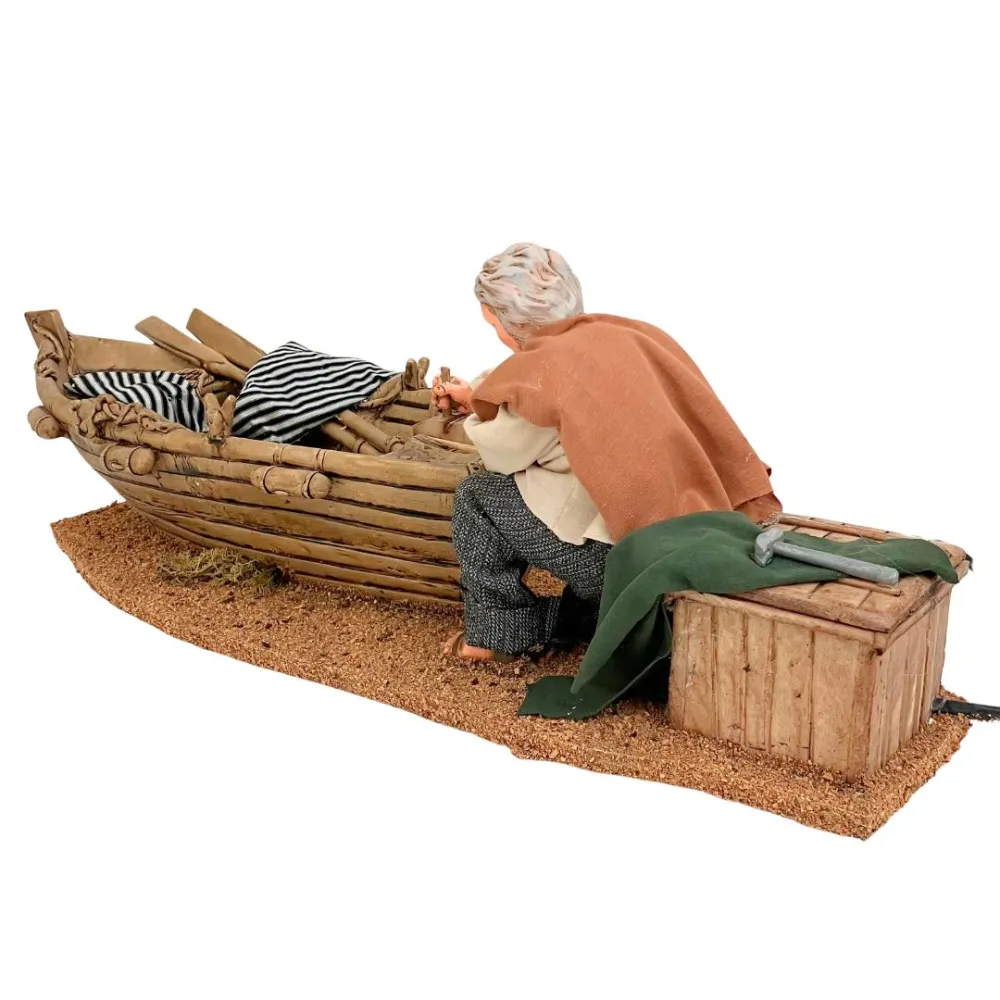 Animated Traditional Man Planing a Wooden Boat - 30 cm