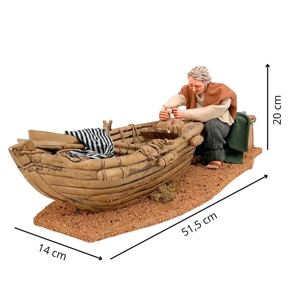 Animated Traditional Man Planing a Wooden Boat - 30 cm