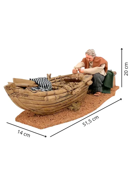 Animated Traditional Man Planing a Wooden Boat - 30 cm