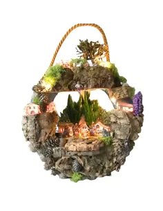 Presepe su ghirlanda con case, luci a batteria e statue da 3,5 cm