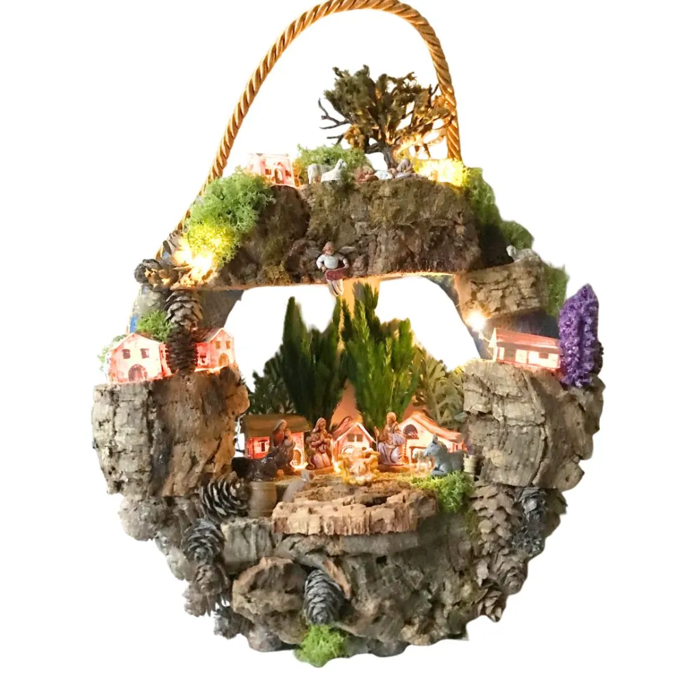 Presepe su ghirlanda con case, luci a batteria e statue da 3,5 cm