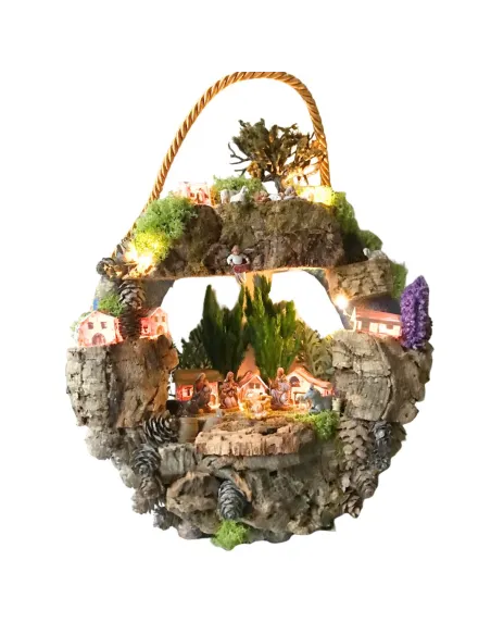 Presepe su ghirlanda con case, luci a batteria e statue da 3,5 cm