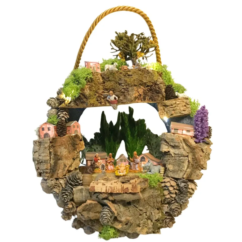 Presepe su ghirlanda con case, luci a batteria e statue da 3,5 cm