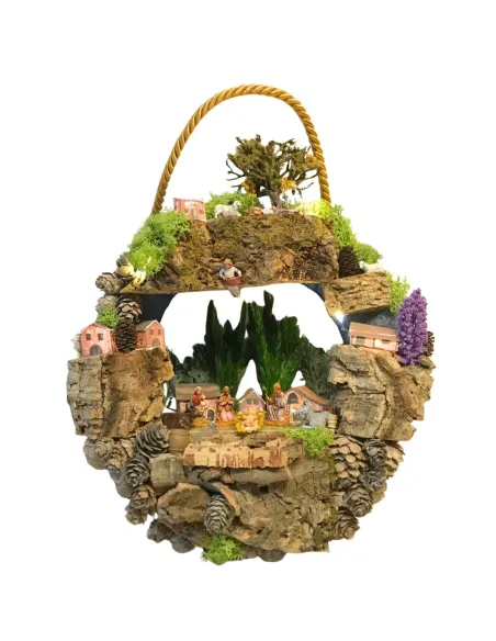 Presepe su ghirlanda con case, luci a batteria e statue da 3,5 cm