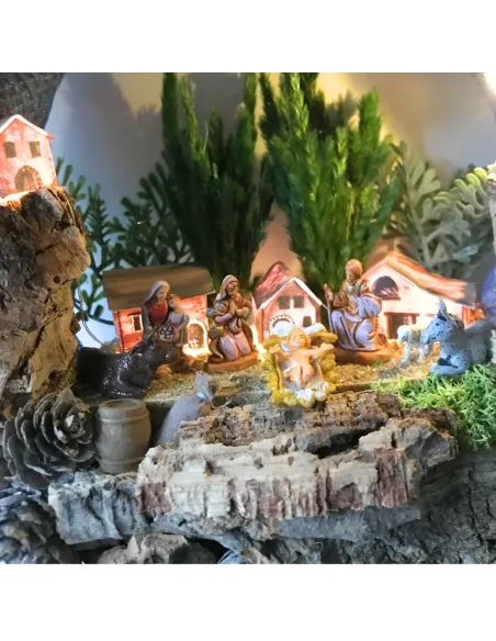 Presepe su ghirlanda con case, luci a batteria e statue da 3,5 cm