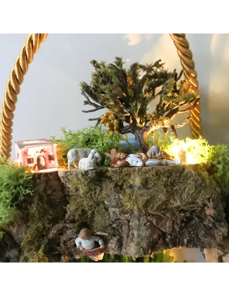 Presepe su ghirlanda con case, luci a batteria e statue da 3,5 cm
