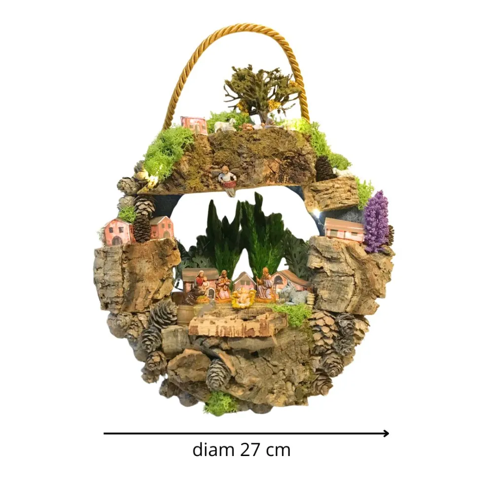Wall-Hanging Nativity Wreath with Houses, Battery-Operated Lights and 3,5 cm Nativity Figures