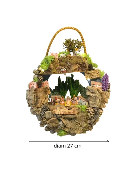 Presepe su ghirlanda con case, luci a batteria e statue da 3,5 cm