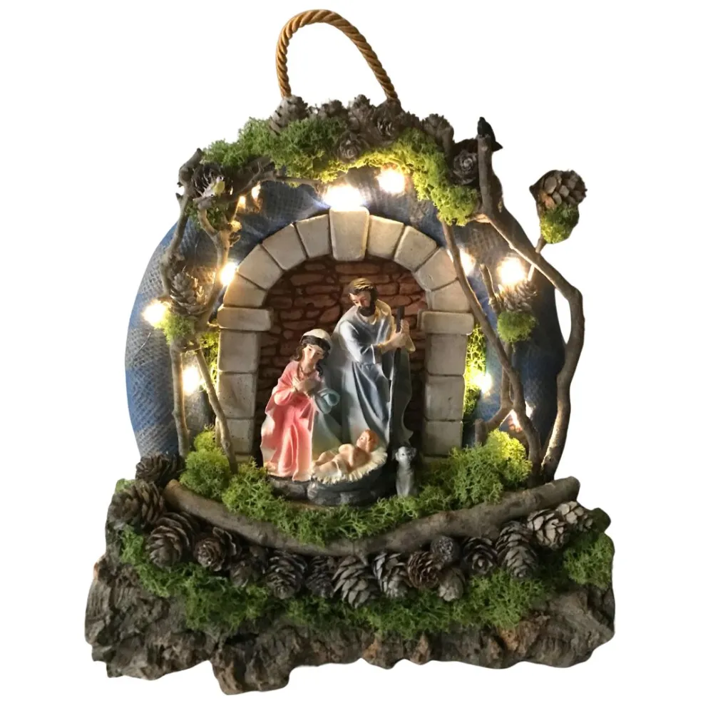 Wall-Hanging Nativity Wreath with Battery-Operated Lights and 15 cm Holy Family