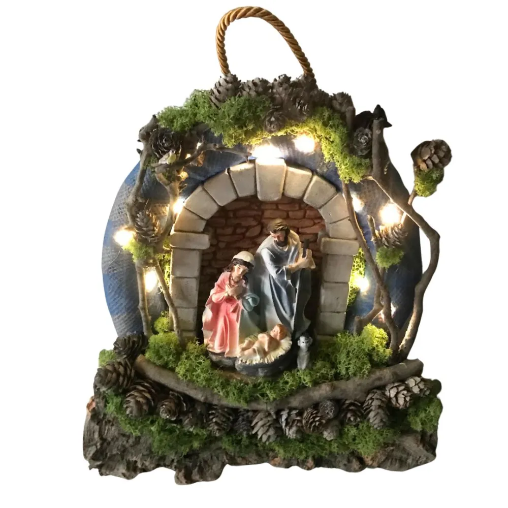 Wall-Hanging Nativity Wreath with Battery-Operated Lights and 15 cm Holy Family