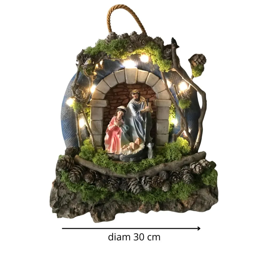 Wall-Hanging Nativity Wreath with Battery-Operated Lights and 15 cm Holy Family