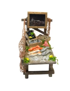 Bancarella in legno con prodotti ittici per statua da 10-12 cm 2