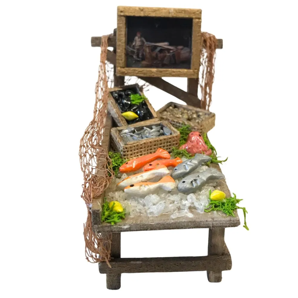 Bancarella in legno con prodotti ittici per statua da 10-12 cm