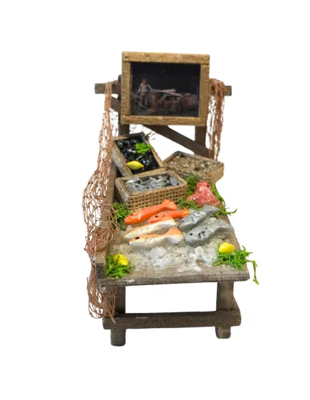 Bancarella in legno con prodotti ittici per statua da 10-12 cm