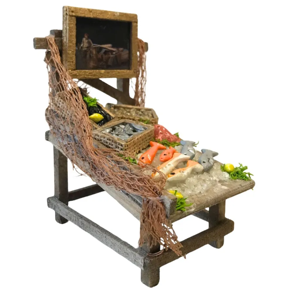 Bancarella in legno con prodotti ittici per statua da 10-12 cm