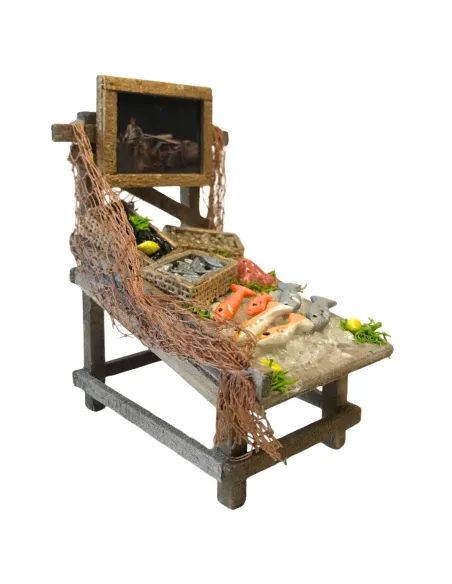 Bancarella in legno con prodotti ittici per statua da 10-12 cm