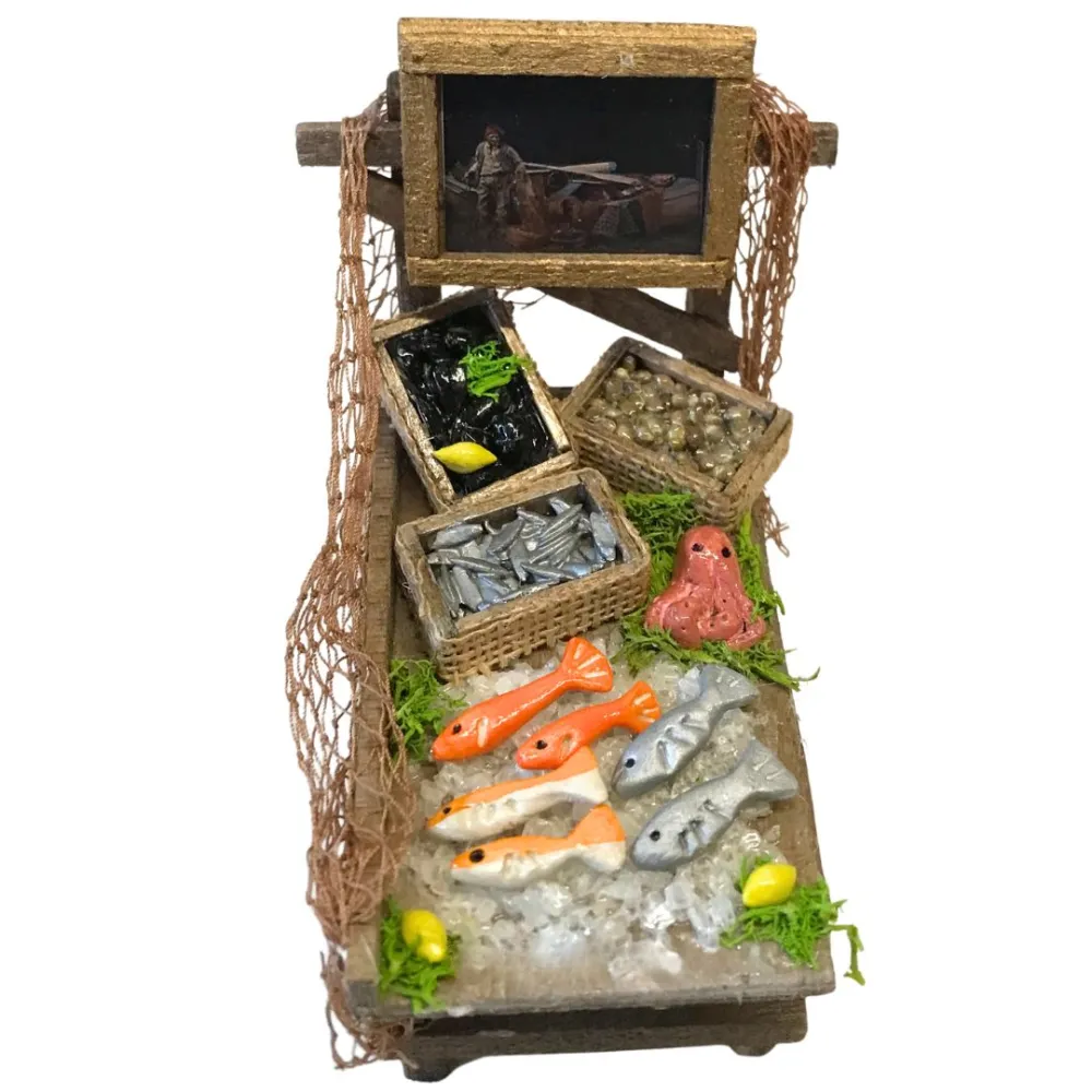 Bancarella in legno con prodotti ittici per statua da 10-12 cm