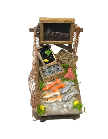 Bancarella in legno con prodotti ittici per statua da 10-12 cm