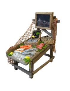 Bancarella in legno con prodotti ittici per statua da 10-12 cm