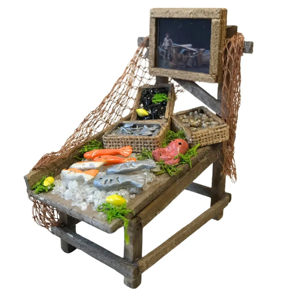 Bancarella in legno con prodotti ittici per statua da 10-12 cm