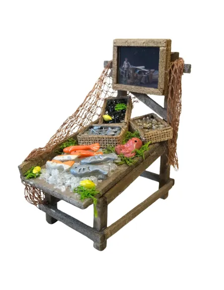 Bancarella in legno con prodotti ittici per statua da 10-12 cm