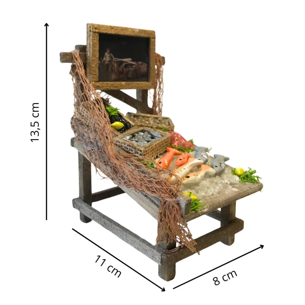 Bancarella in legno con prodotti ittici per statua da 10-12 cm