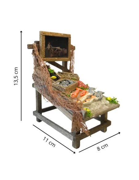 Bancarella in legno con prodotti ittici per statua da 10-12 cm