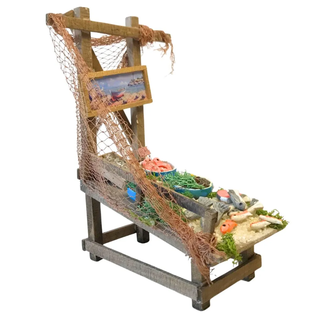 Bancarella in legno con prodotti ittici per statue da 25-30 cm