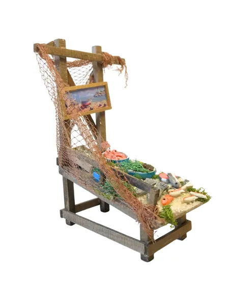 Bancarella in legno con prodotti ittici per statue da 25-30 cm