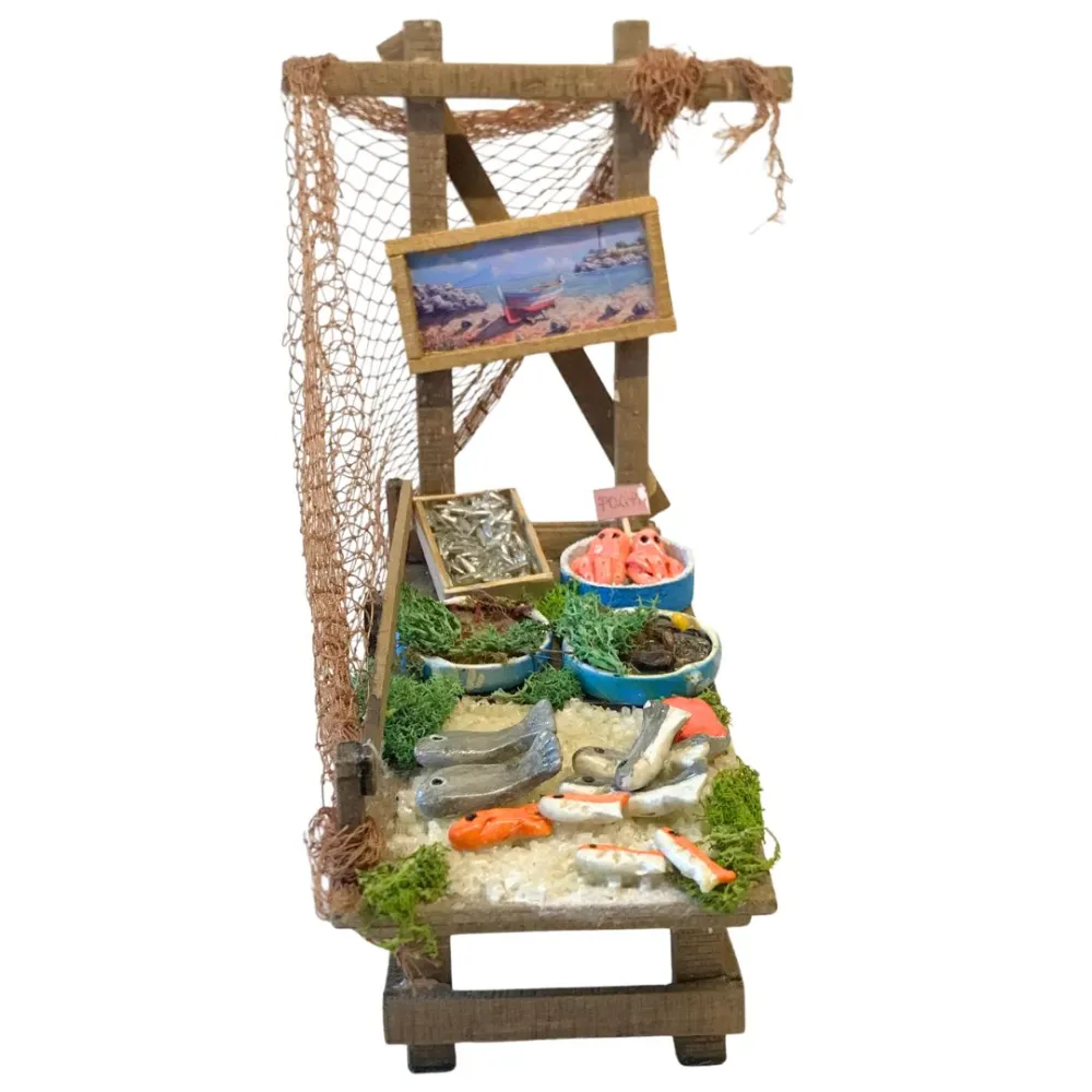 Bancarella in legno con prodotti ittici per statue da 25-30 cm