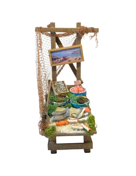 Bancarella in legno con prodotti ittici per statue da 25-30 cm