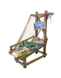 Bancarella in legno con prodotti ittici per statue da 25-30 cm