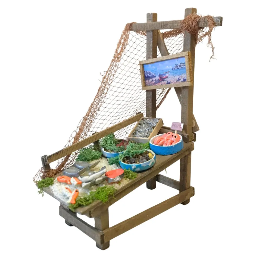 Bancarella in legno con prodotti ittici per statue da 25-30 cm