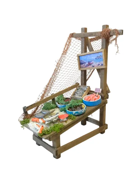 Bancarella in legno con prodotti ittici per statue da 25-30 cm
