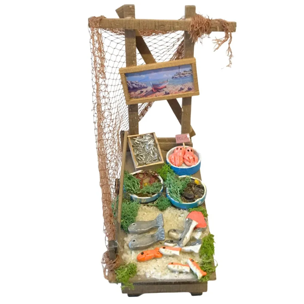 Bancarella in legno con prodotti ittici per statue da 25-30 cm
