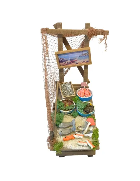Bancarella in legno con prodotti ittici per statue da 25-30 cm