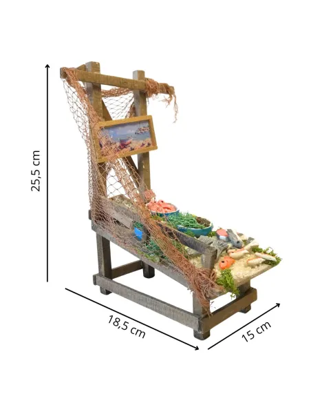 Bancarella in legno con prodotti ittici per statue da 25-30 cm