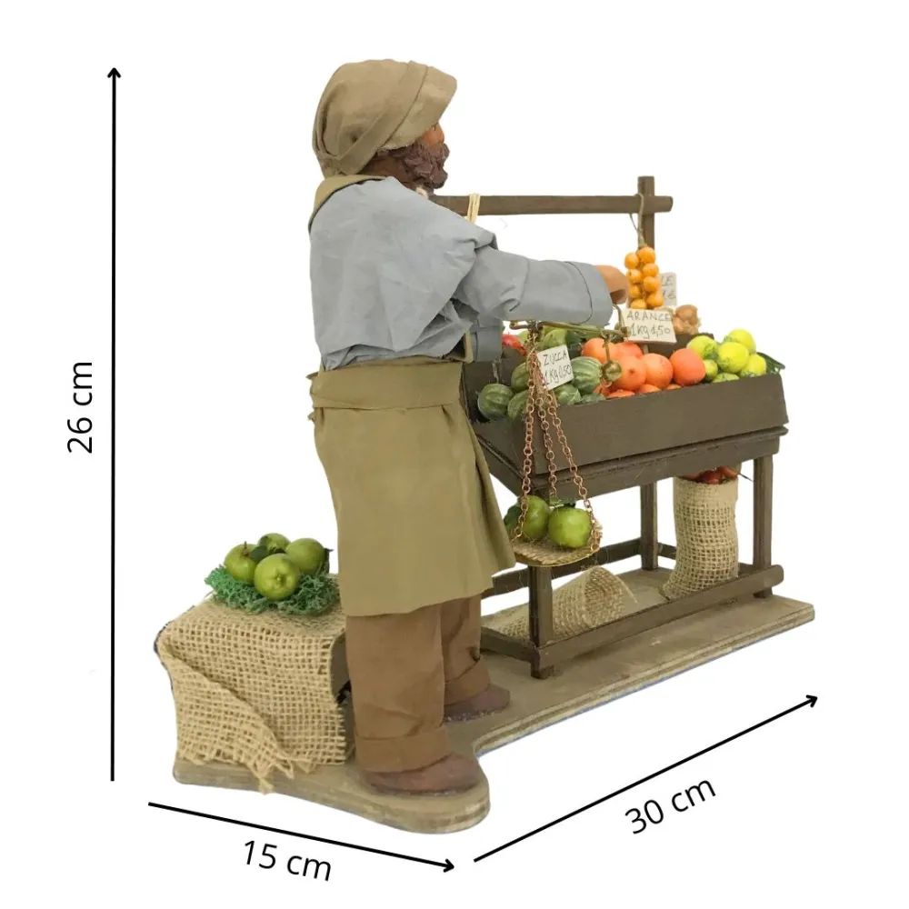 Animated Terracotta Fruit and Vegetable Seller with Stall and Balance Scale - 25 cm