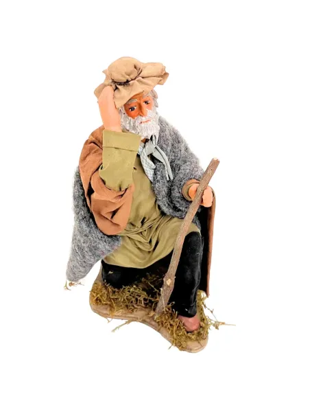 Animated Terracotta Kneeling Man with Hat - 25 cm
